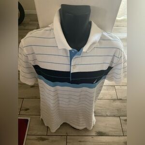Men’s used white blue striped a bit trimmer Nautica size XL polo shirt